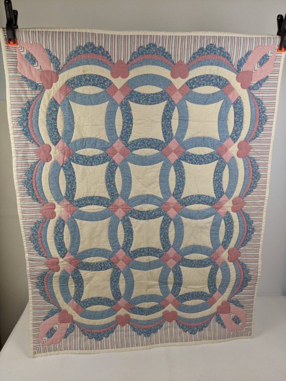 Vintage Hand Stitched Double Wedding Ring Handmade Quit Hearts 42" x 33" Blanket